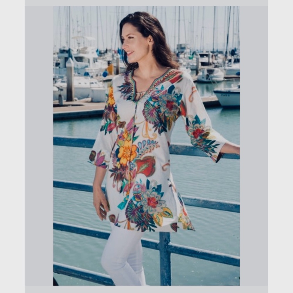Kikisol Floral Beaded Swim-Beach Cover-Up. Floral Tunic Dress With Tussles